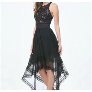 Bebe Crystal Bloom Black Hi High-Low Embroidered Tulle Lace Cocktail Dress 0
